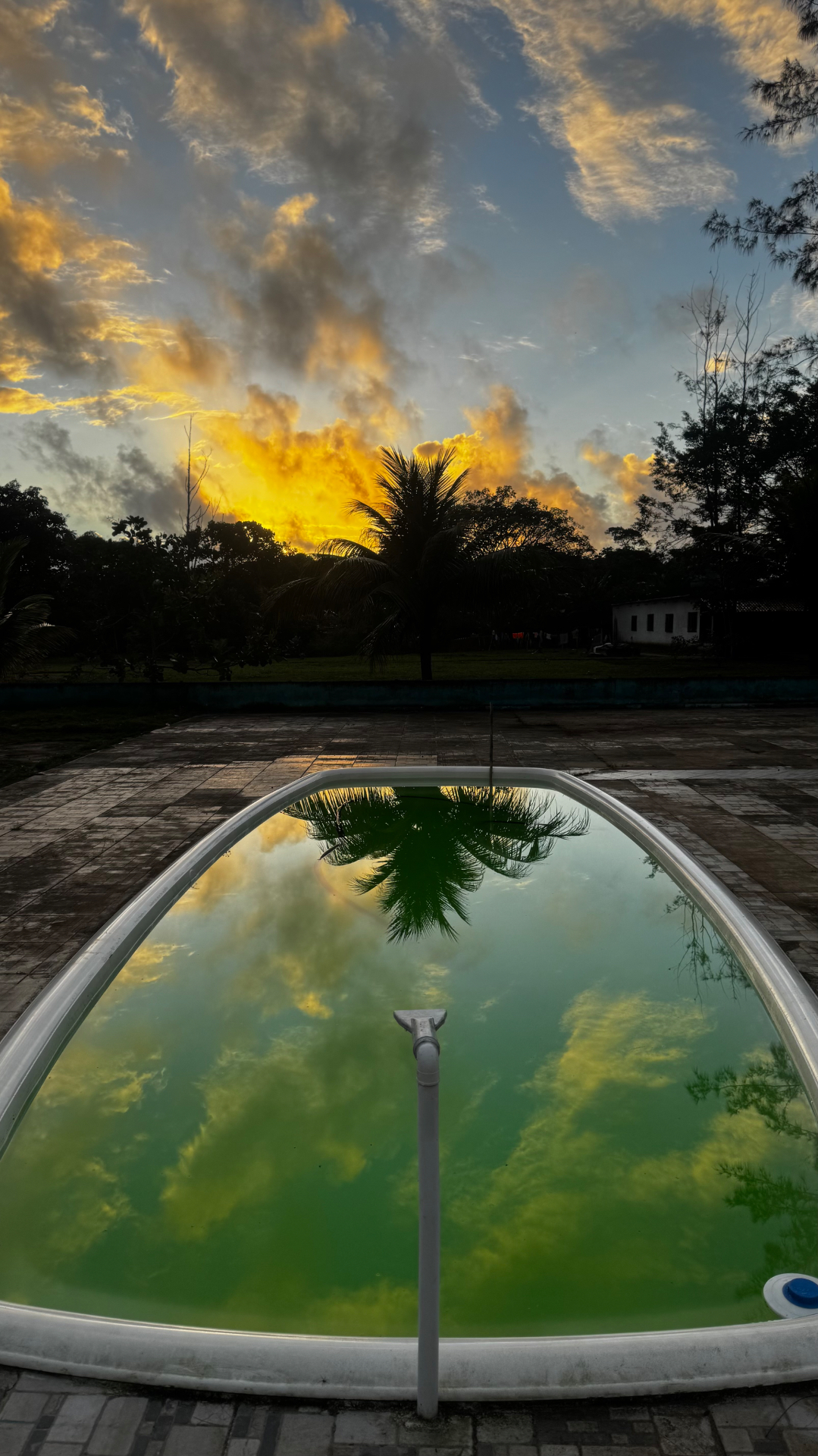 Piscina refletindo o céu do entardecer cercada por árvores